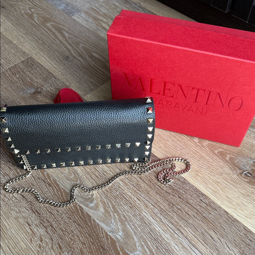 Valentino Black Leather Wallet with Gold Studs